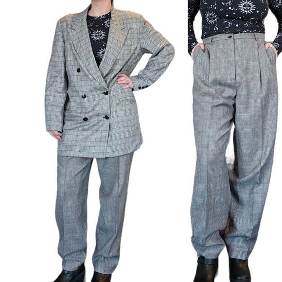 90s Medium Womens‎ Plaid Power Suit Set 8 10 Pleated Double Breasted Wool Rayon - Picture 1 of 13